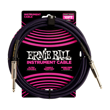 Ernie Ball Braided Instrument Cable- Straight/Straight - 10ft - Purple/Black