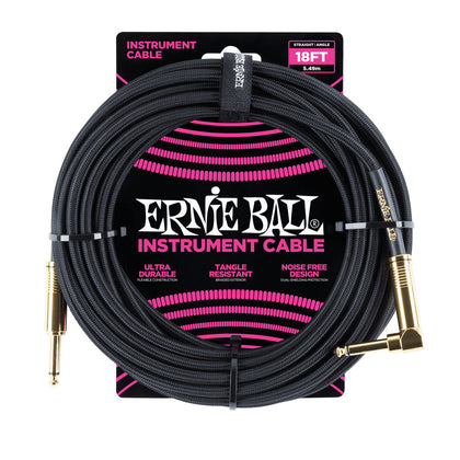 Ernie Ball P06086 Braided Instrument Cable - Straight/Angle - 18ft - Black w/ Gold Connectors