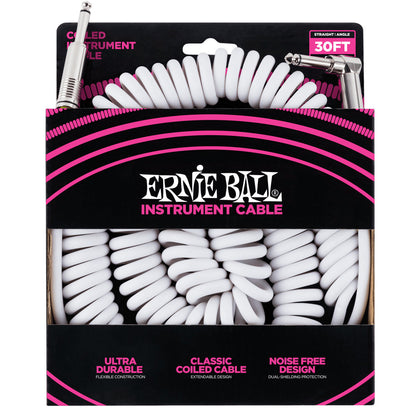 Ernie Ball Coiled Instrument Cable - Straight/Angle - 30ft - White