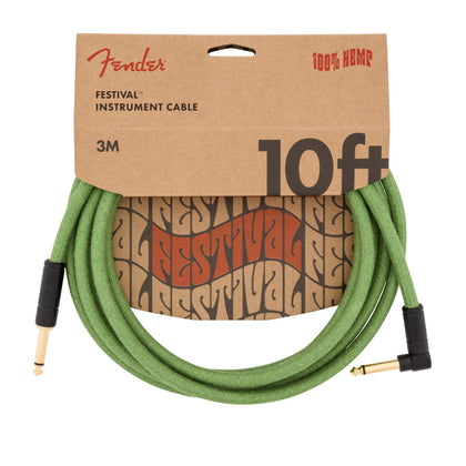 Fender Festival Hemp Instrument Cable - 10ft - Straight/Angle - Pure Hemp - Green