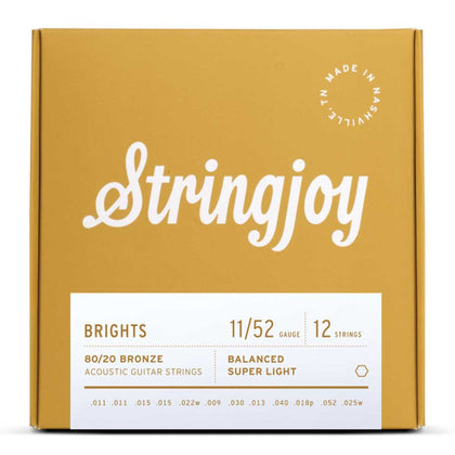 Stringjoy Brights 12-String Super Light Gauge (11-52) 80/20 Bronze Acoustic Guitar Strings