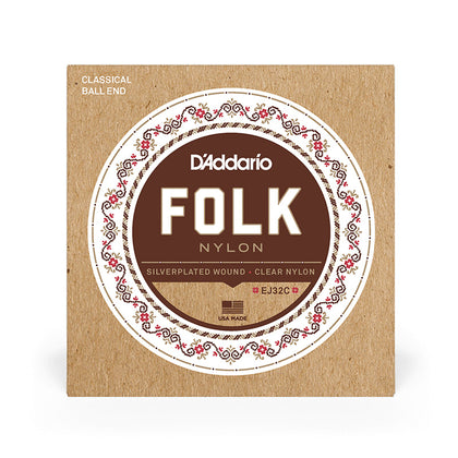 D'Addario EJ32C Folk Nylon Guitar Strings Ball End Silver Wound/Clear Nylon Trebles